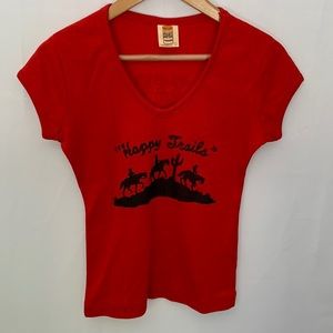 Vintage Western Graphic V-Neck Red Tee "Happy Trails" Cowgirl Cowboy Size Small